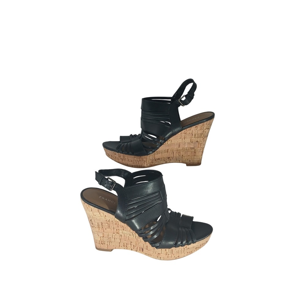 Franco Sarto Sharp Wedge Sandals 7.5 Black Leather Strappy Cork Boho Chic